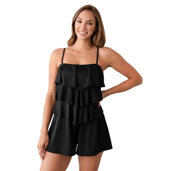 Fit 4 U Fit 4 Ur Black Tiered Swim Romper 8 - Picture 1 of 4